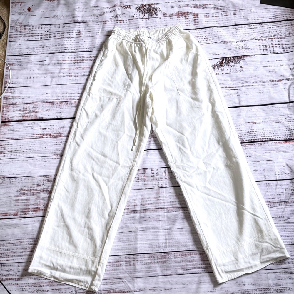 Grey Bandit White Wide Leg Drawstring‎ Flowy Pants Small Relaxed Beachwear